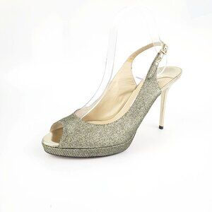Jimmy Choo Pumps CLUE Gold Shimmer Platform Slingback Stiletto Heels Size 39.5